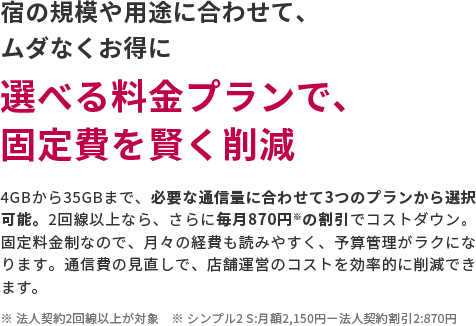 宿の規模や用途に合わせて、ムダなくお得に　選べる料金プランで、固定費を賢く削減　4GBから35GBまで、必要な通信量に合わせて3つのプランから選択可能。2回線以上なら、さらに毎月870円※の割引でコストダウン。固定料金制なので、月々の経費も読みやすく、予算管理がラクになります。通信費の見直しで、店舗運営のコストを効率的に削減できます。 ※ 法人契約2回線以上が対象　※ シンプル2 S:月額2,150円ー法人契約割引2:870円